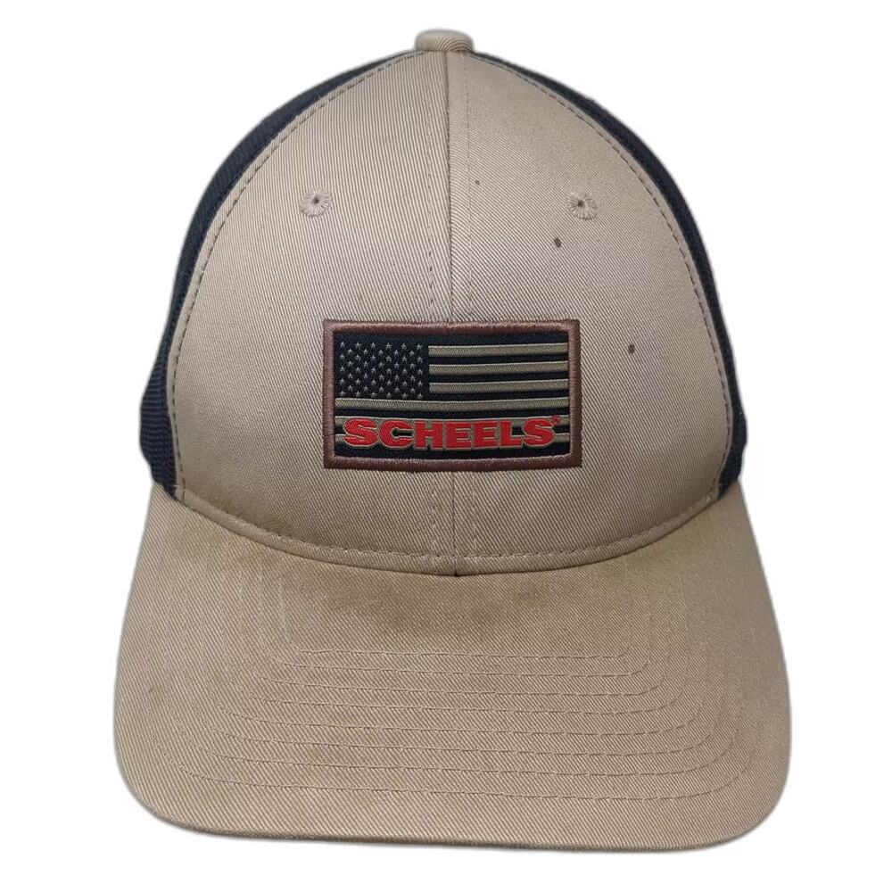 Scheels Trucker Hat Beige Black OS Mesh Back Flag Patch Adjustable Snapback
